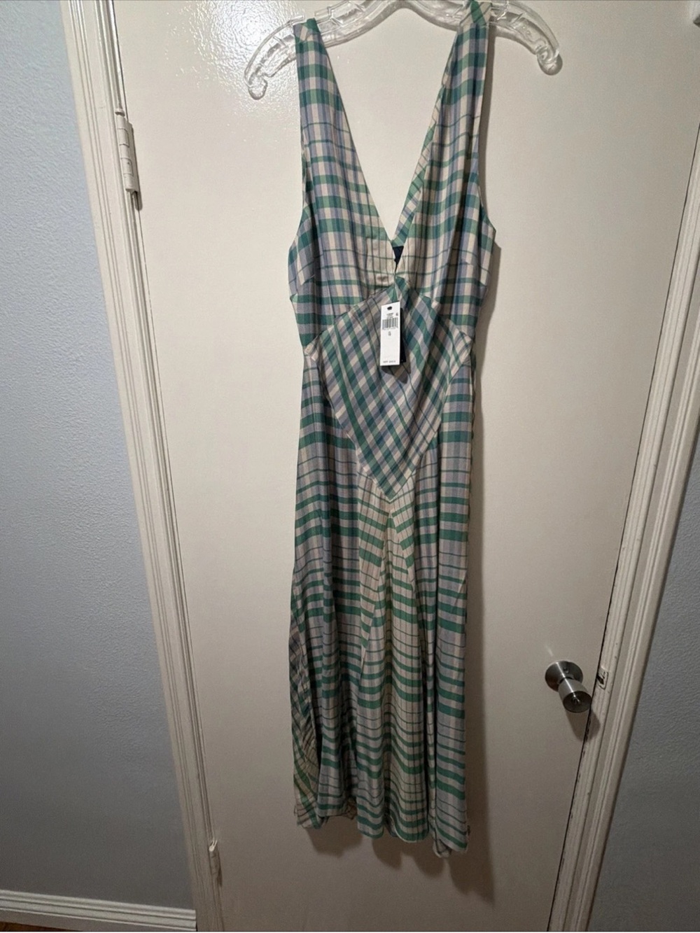 Sleeveless V-Neck Plaid Maxi Dress in Green and White Ralph Lauren NWT size 10